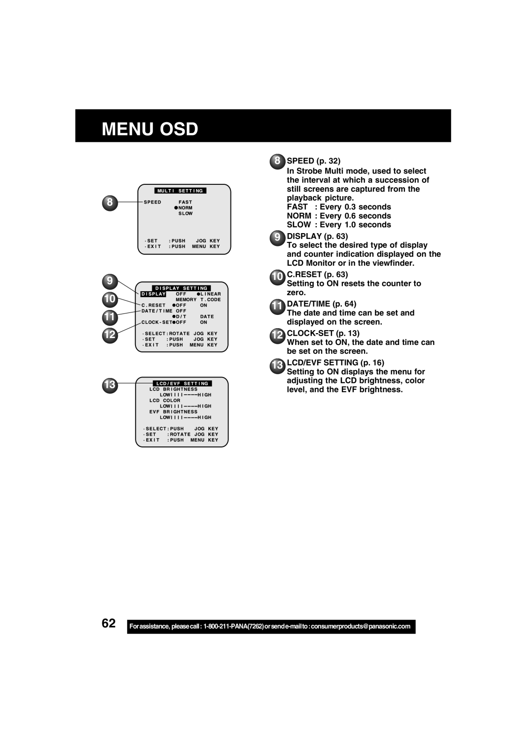 Panasonic PV-DV52 operating instructions 10 11, 10 C.RESET p, 13 LCD/EVF Setting p 