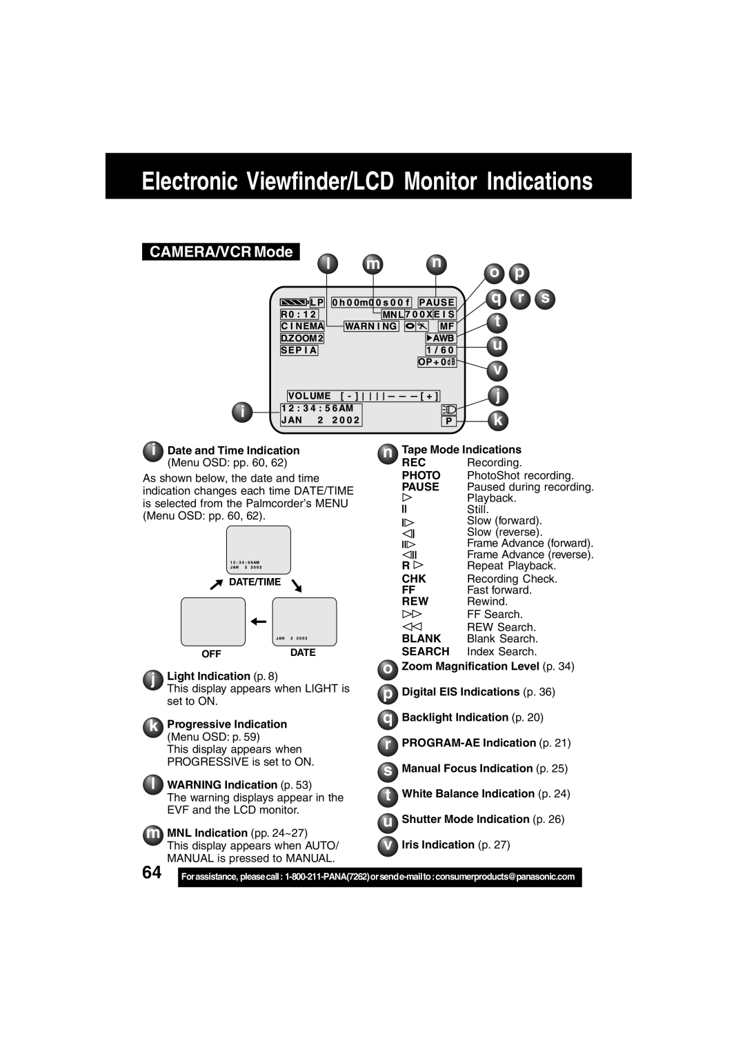 Panasonic PV-DV52 operating instructions CAMERA/VCR Mode 