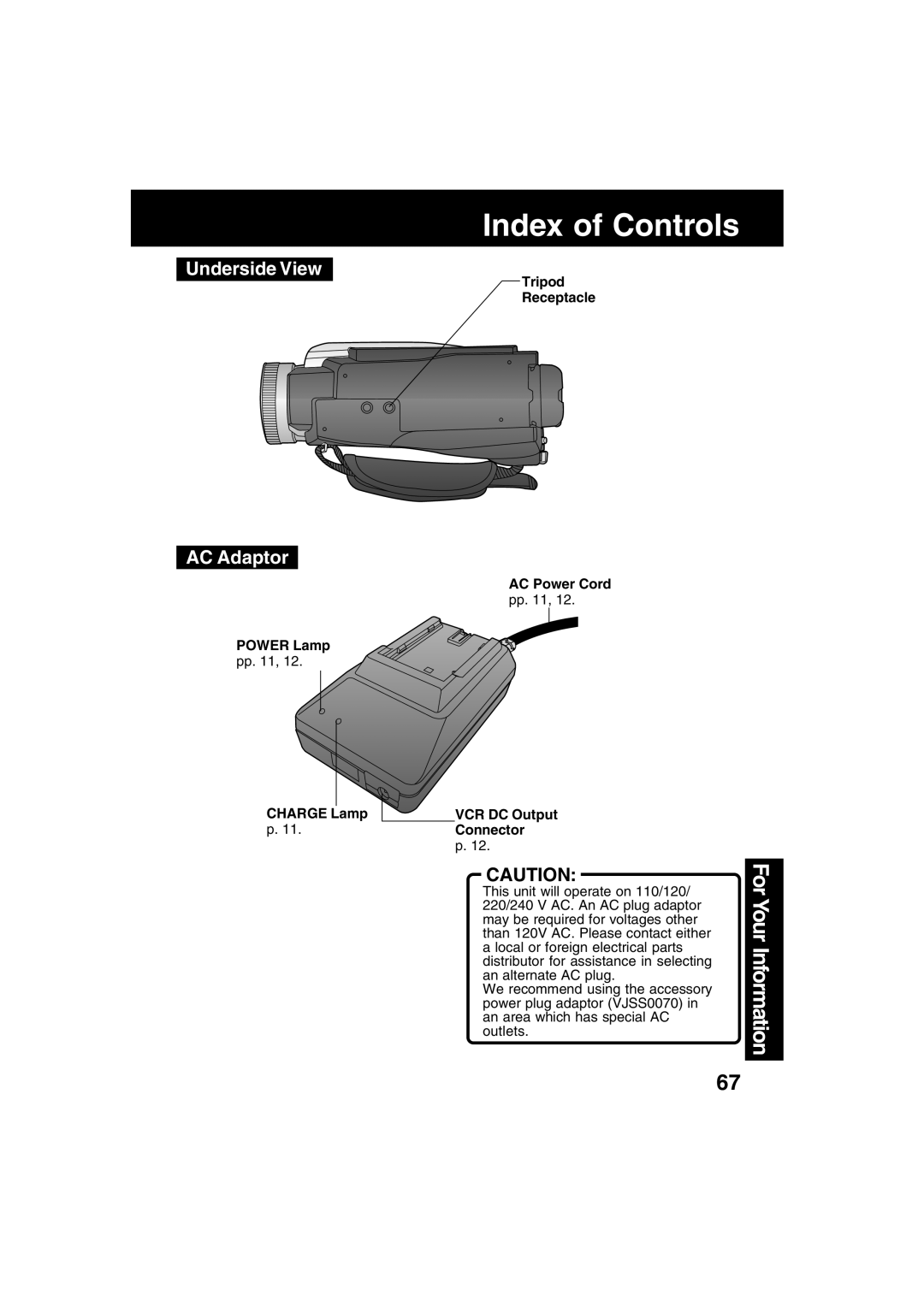 Panasonic PV-DV52 operating instructions Underside View AC Adaptor, Power Lamp Charge Lamp 