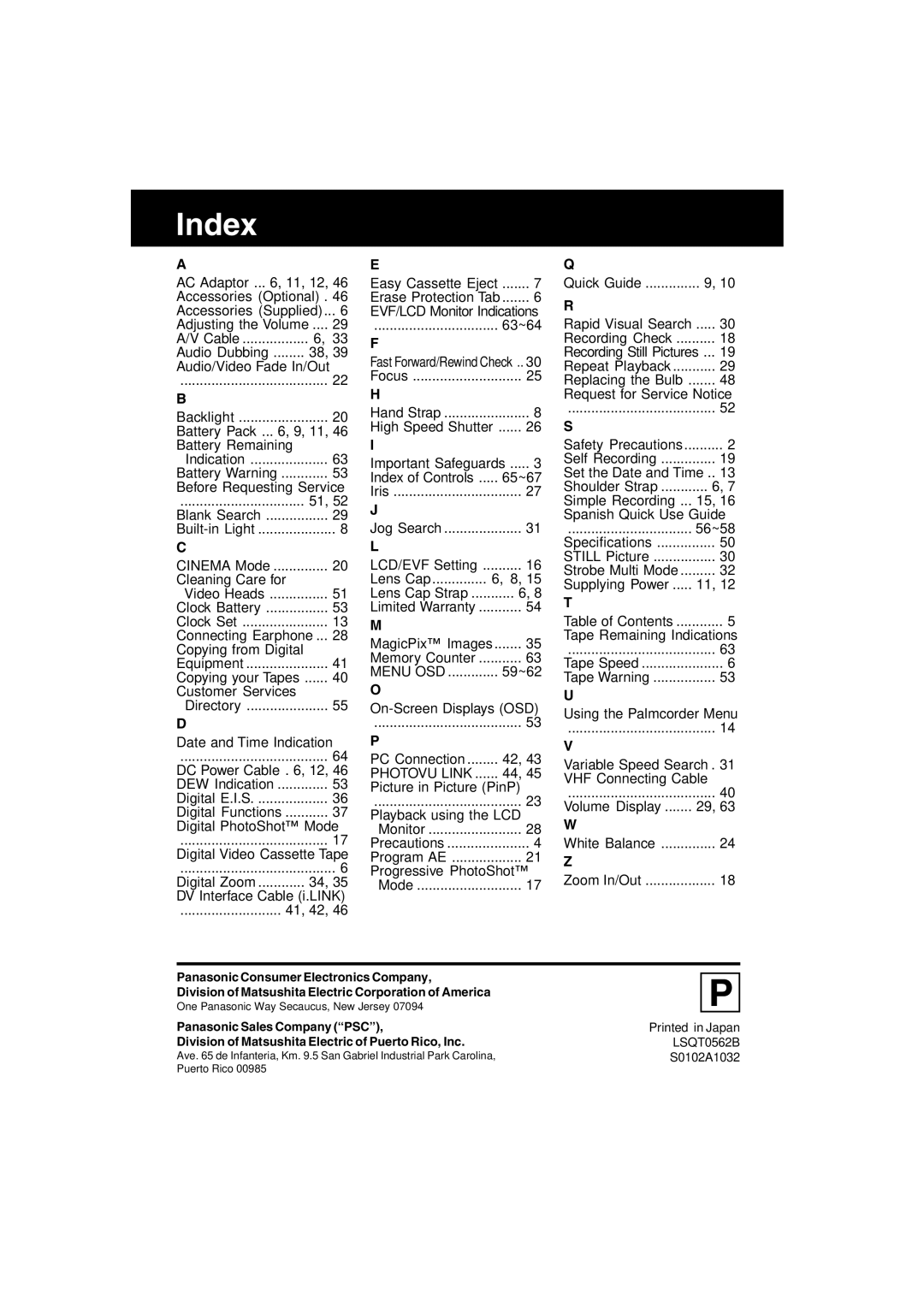 Panasonic PV-DV52 operating instructions Index, Menu OSD, Photovu Link 