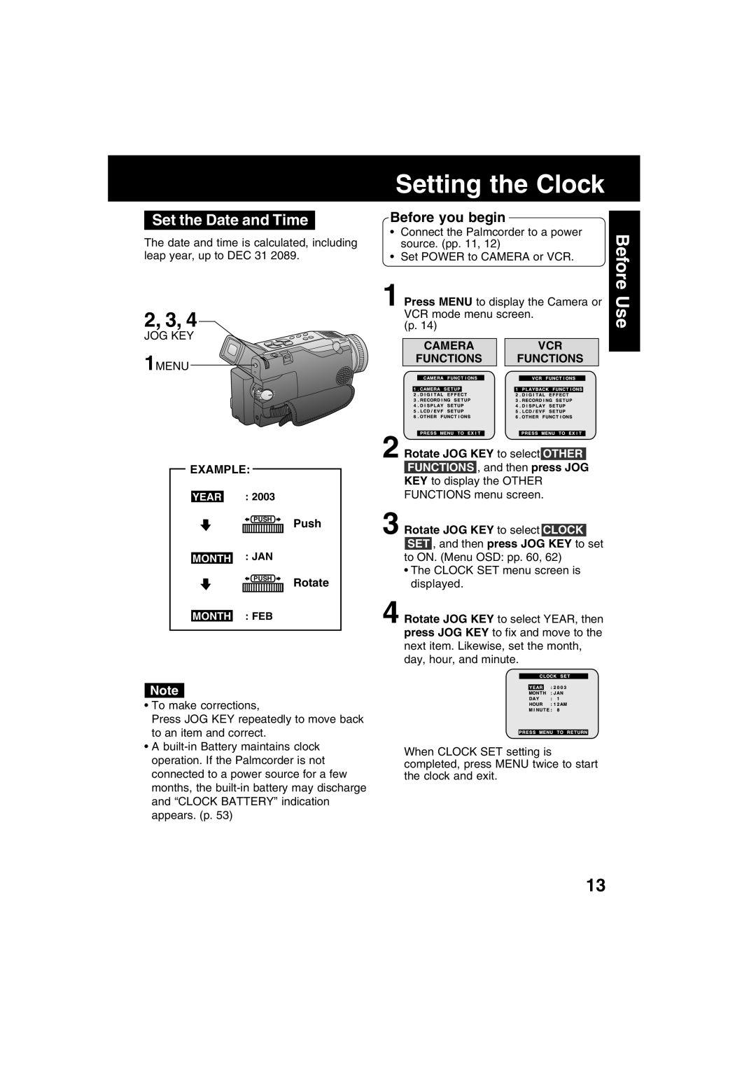 Panasonic PV-DV53 Setting the Clock, Set the Date and Time, Camera VCR Functions, Example, Push Rotate 