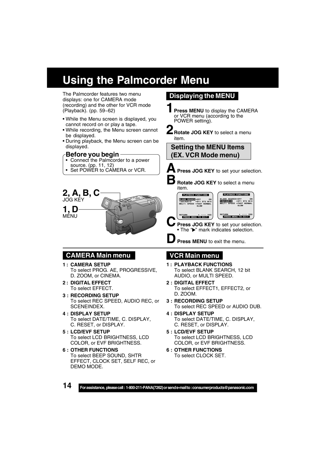 Panasonic PV-DV53 operating instructions Using the Palmcorder Menu, Displaying the Menu, Camera Main menu, VCR Main menu 