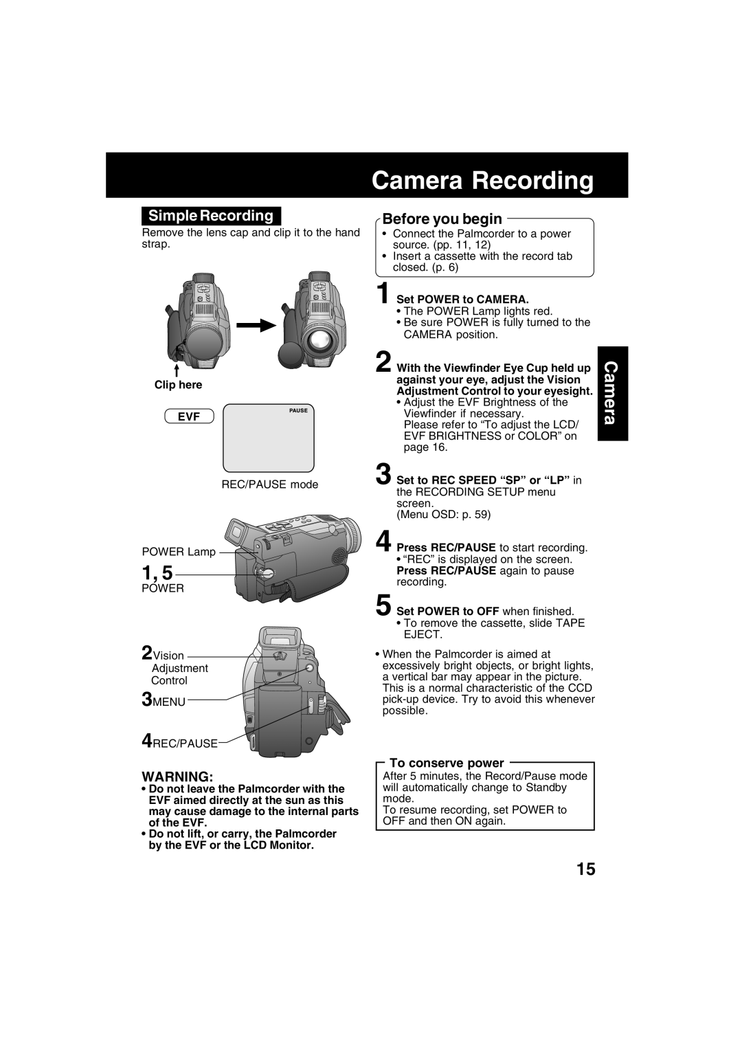 Panasonic PV-DV53 operating instructions Camera Recording, Simple Recording, To conserve power, Evf 