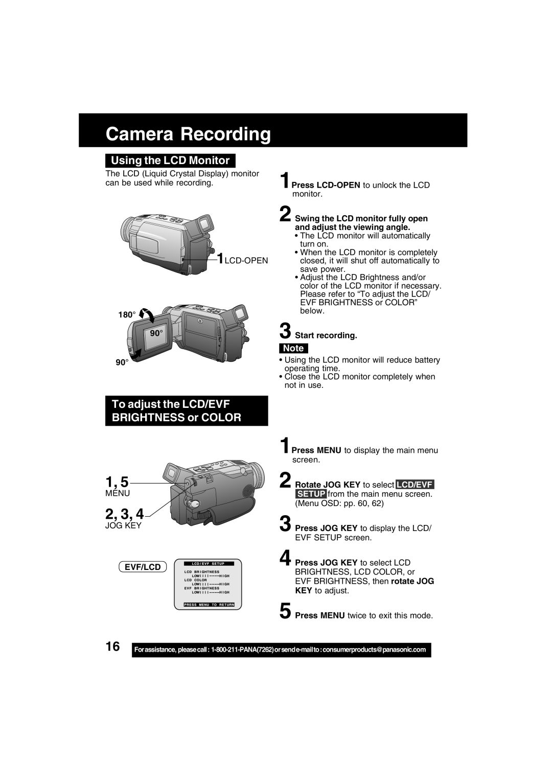 Panasonic PV-DV53 Using the LCD Monitor, To adjust the LCD/EVF Brightness or Color, Start recording, Evf/Lcd 