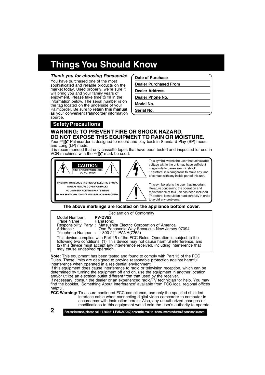 Panasonic PV-DV53 Things You Should Know, Safety Precautions, Above markings are located on the appliance bottom cover 