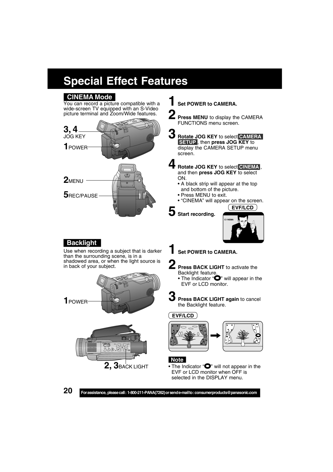 Panasonic PV-DV53 Special Effect Features, Cinema Mode, Backlight, Start recording Press Back Light to activate 