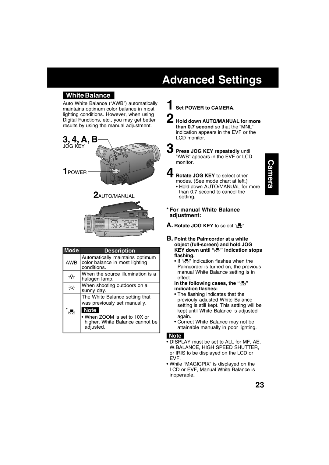 Panasonic PV-DV53 Advanced Settings, For manual White Balance adjustment, Following cases, the indication flashes 