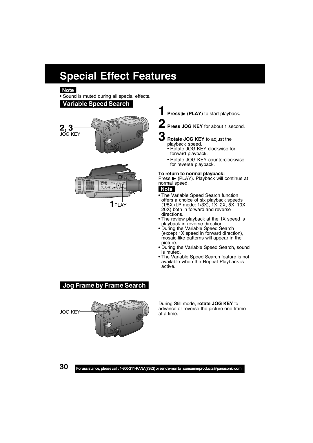 Panasonic PV-DV53 Variable Speed Search, Jog Frame by Frame Search, JOG KEY 1PLAY, Rotate JOG KEY to adjust 