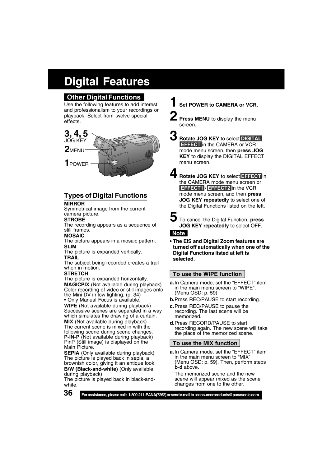 Panasonic PV-DV53 operating instructions Other Digital Functions, To use the Wipe function, To use the MIX function 