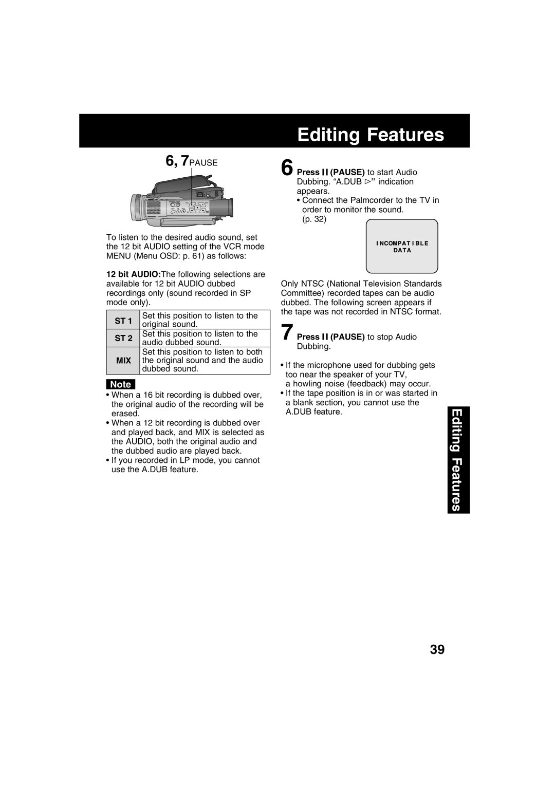 Panasonic PV-DV53 operating instructions 7PAUSE, Mix, Press Pause to stop Audio Dubbing 