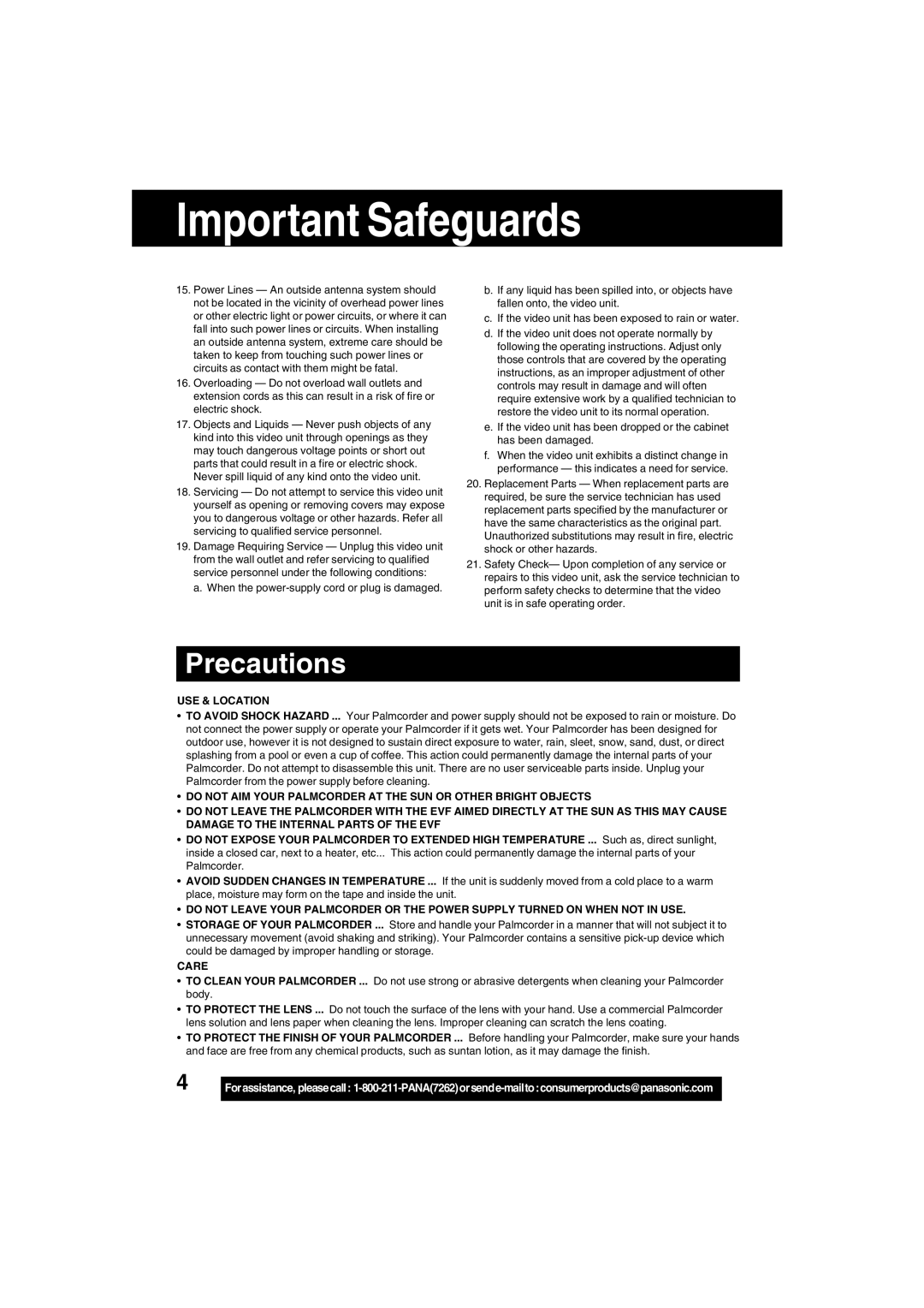 Panasonic PV-DV53 operating instructions Important Safeguards 