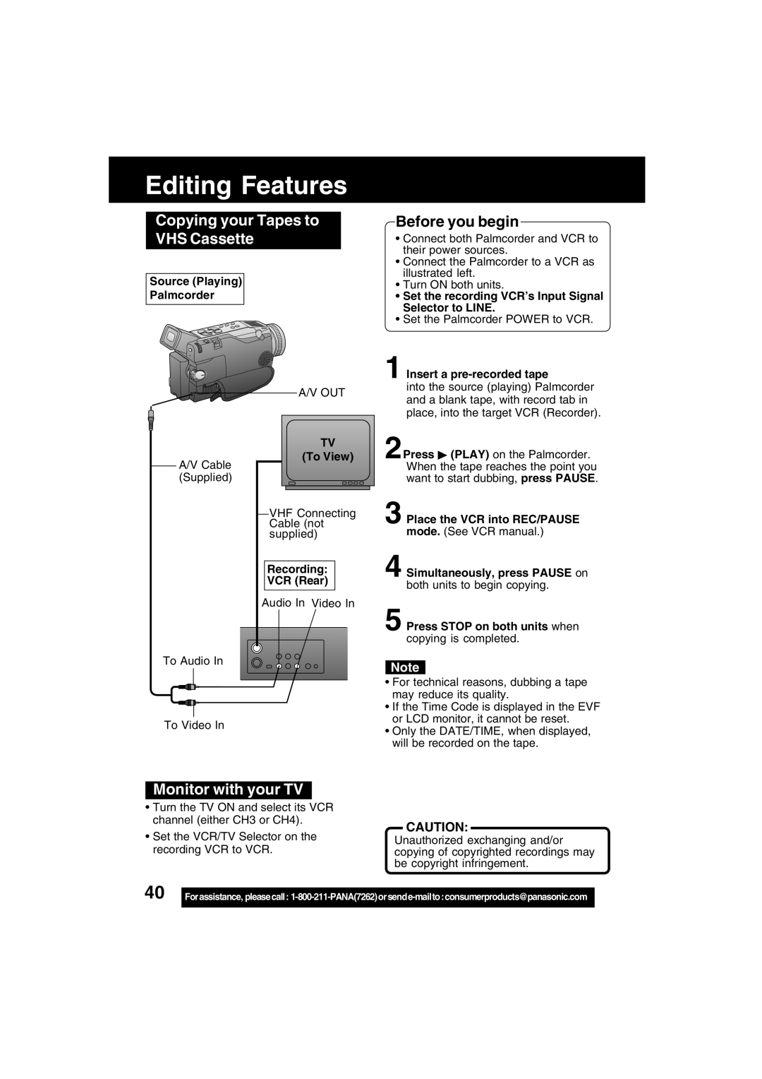 Panasonic PV-DV53 operating instructions Copying your Tapes to VHS Cassette, Monitor with your TV 