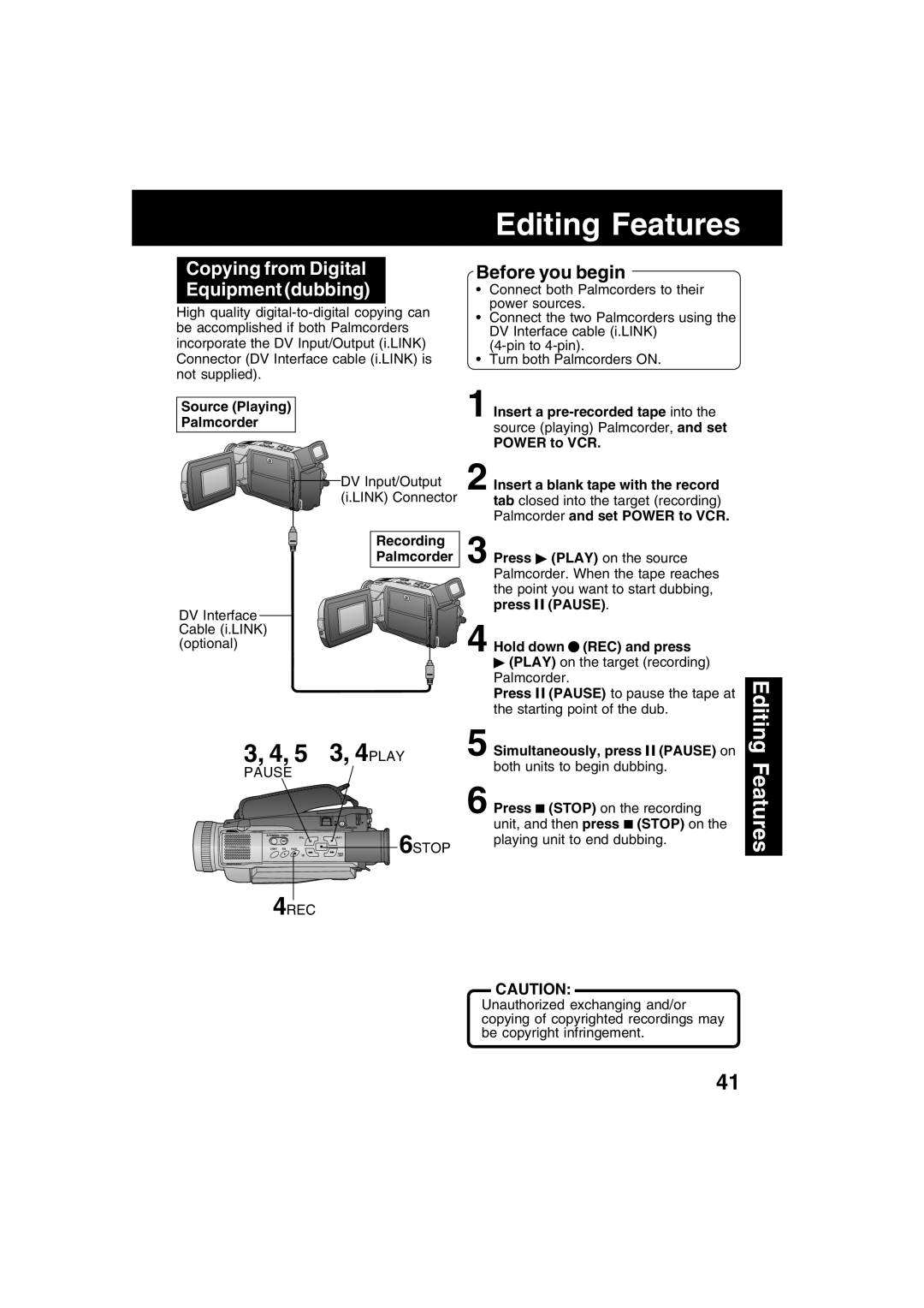 Panasonic PV-DV53 operating instructions Copying from Digital Equipment dubbing, Recording Palmcorder, Pause 6STOP 4REC 