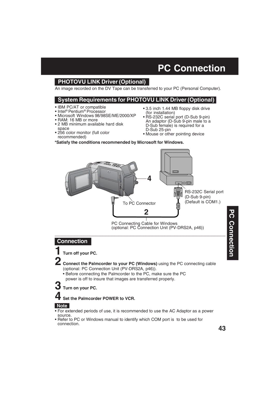 Panasonic PV-DV53 operating instructions System Requirements for Photovu Link Driver Optional, Connection 