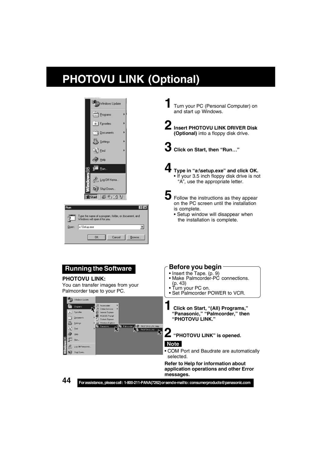 Panasonic PV-DV53 operating instructions Photovu Link Optional, Running the Software 