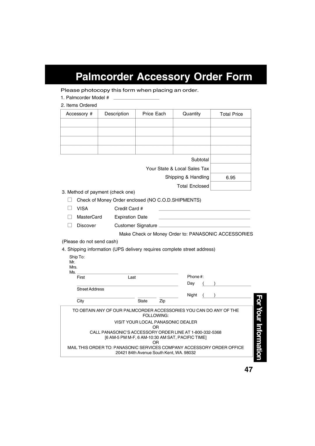 Panasonic PV-DV53 operating instructions Palmcorder Accessory Order Form, Visa 