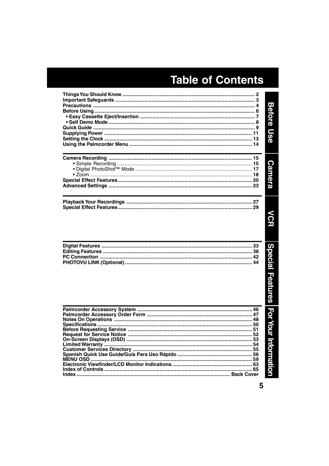 Panasonic PV-DV53 operating instructions Table of Contents 