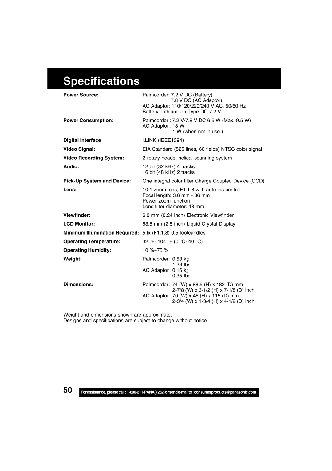 Panasonic PV-DV53 operating instructions Specifications 