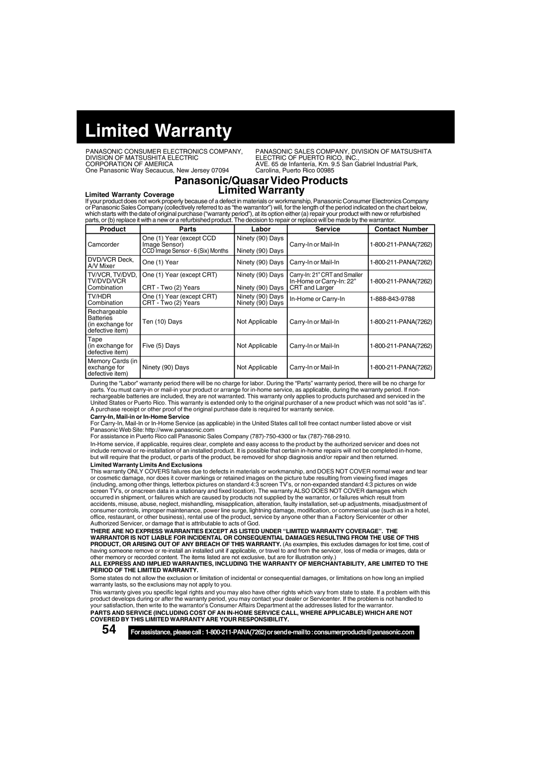 Panasonic PV-DV53 operating instructions Limited Warranty 