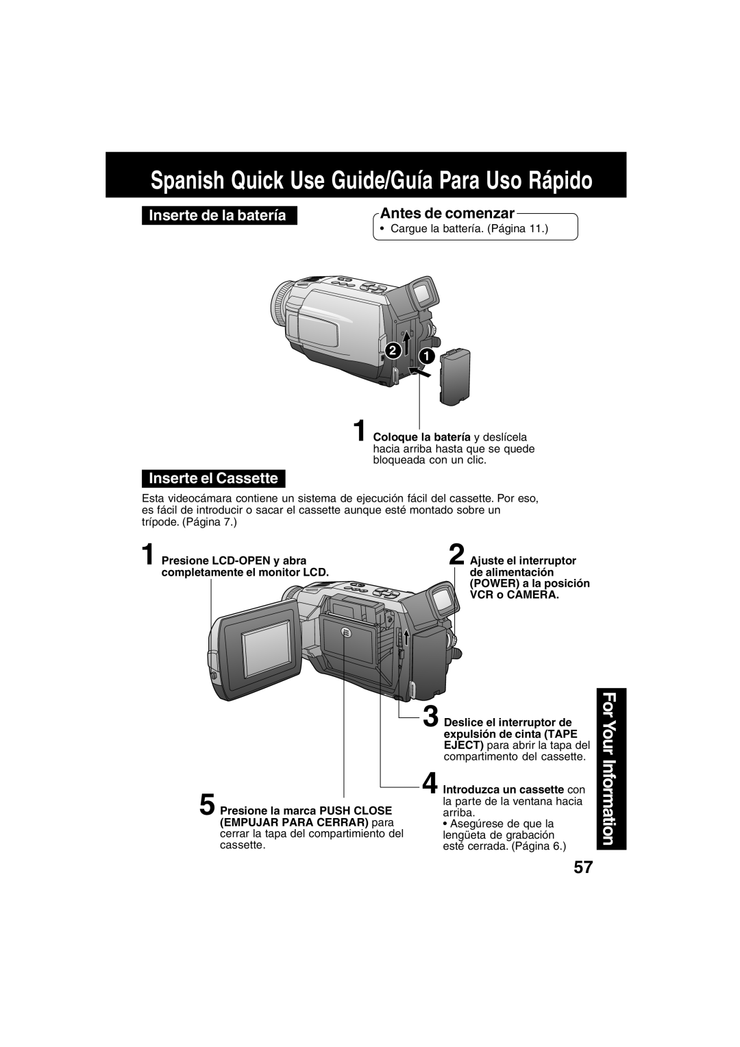 Panasonic PV-DV53 operating instructions Inserte de la batería, Inserte el Cassette 