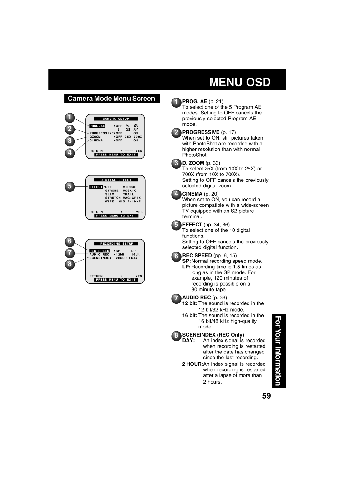 Panasonic PV-DV53 operating instructions Camera Mode Menu Screen 