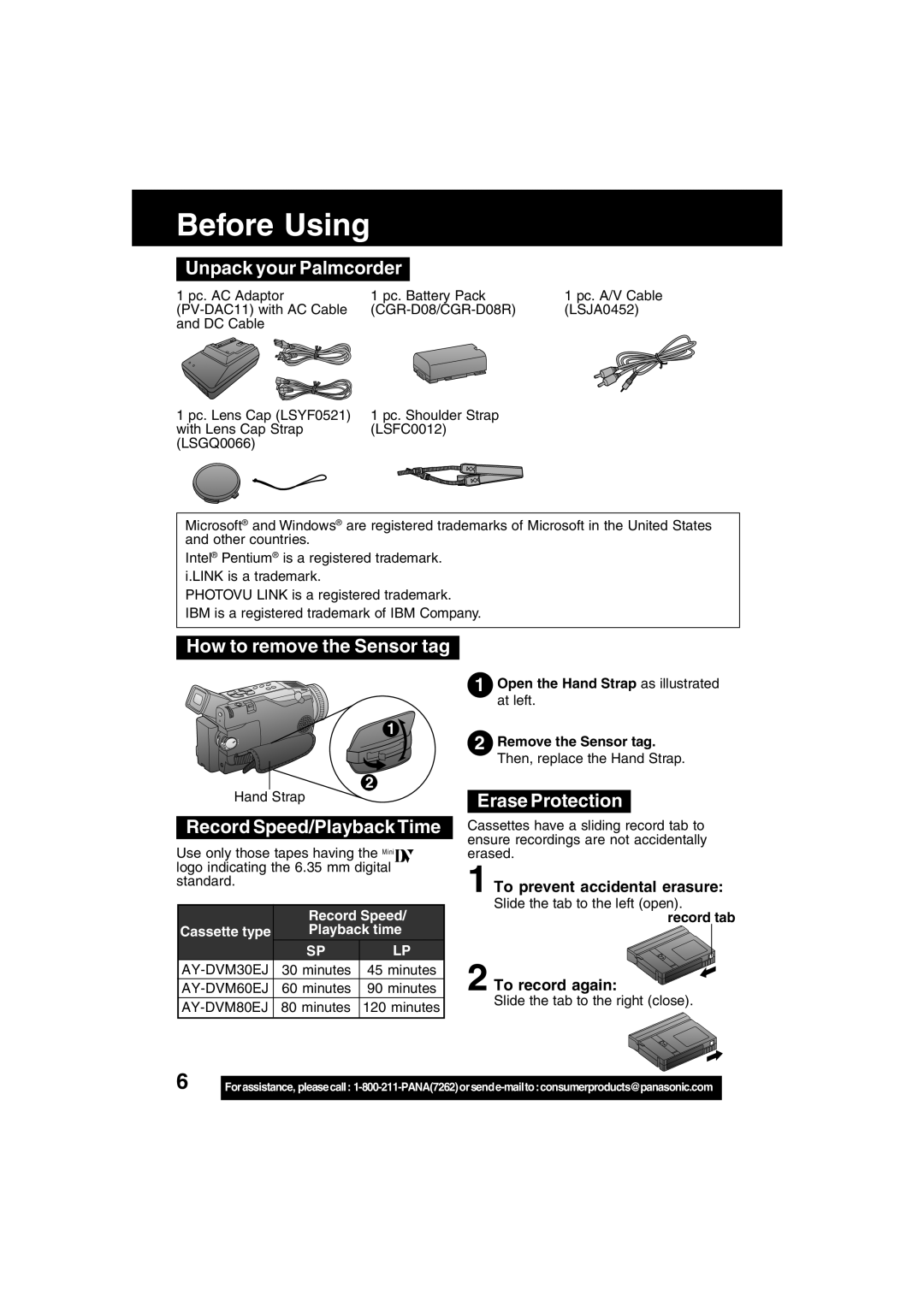 Panasonic PV-DV53 Before Using, Unpack your Palmcorder, How to remove the Sensor tag, Record Speed/Playback Time 