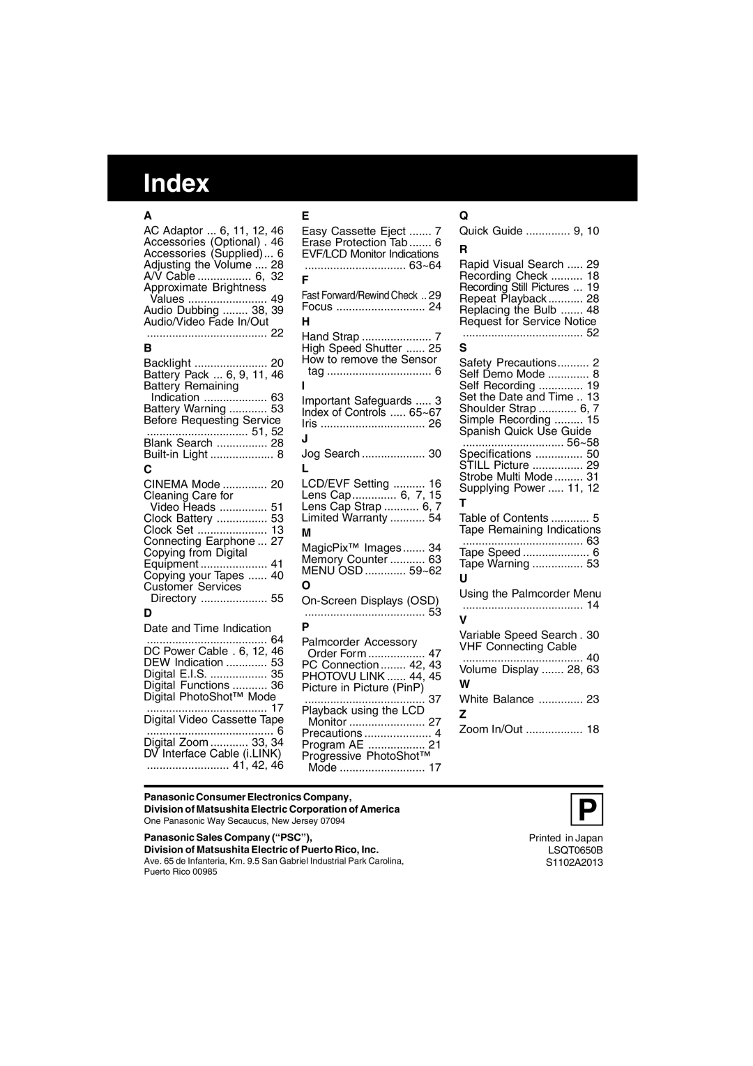 Panasonic PV-DV53 operating instructions Index, Menu OSD, Photovu Link 