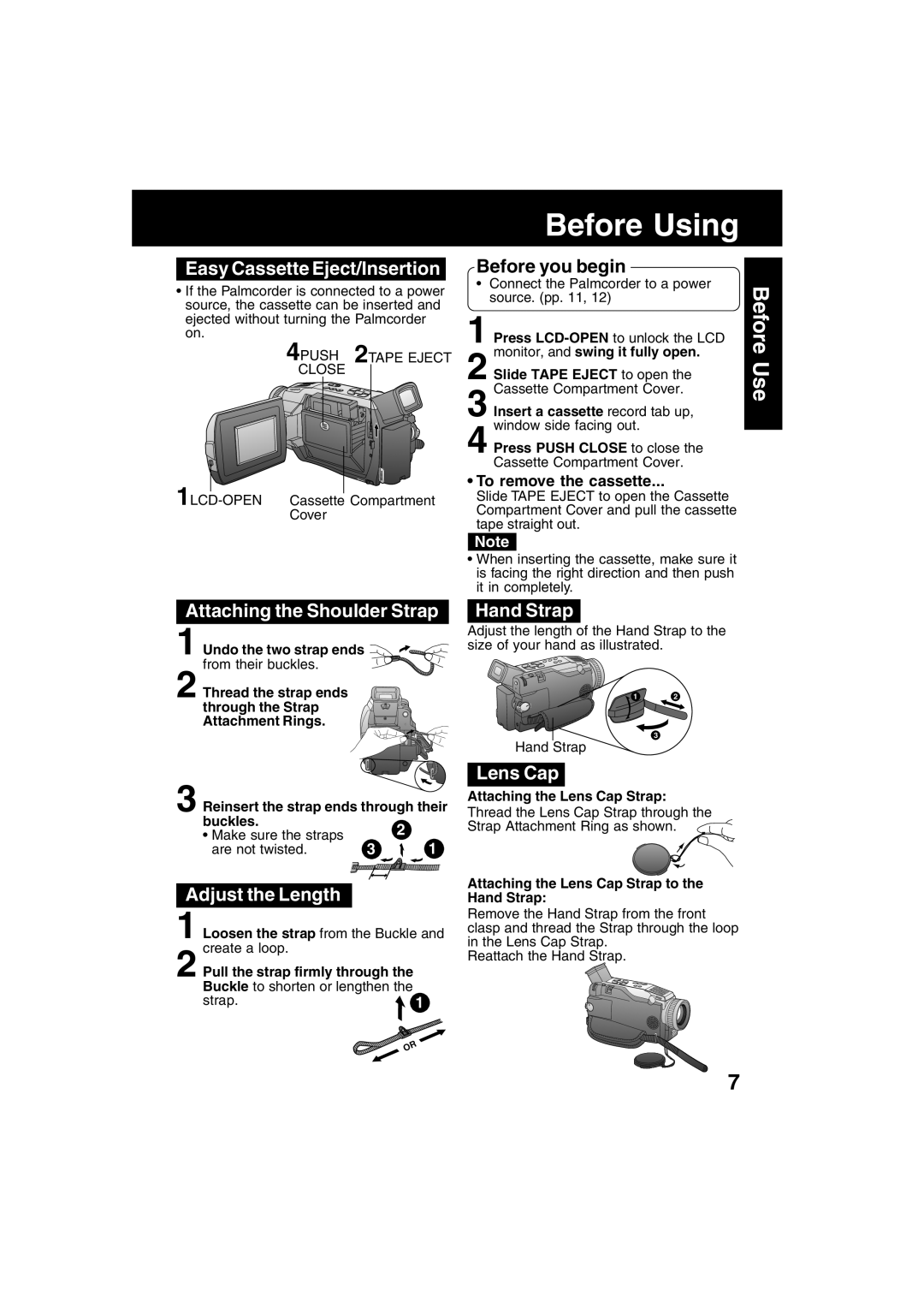 Panasonic PV-DV53 Easy Cassette Eject/Insertion, Attaching the Shoulder Strap, Adjust the Length, Hand Strap, Lens Cap 