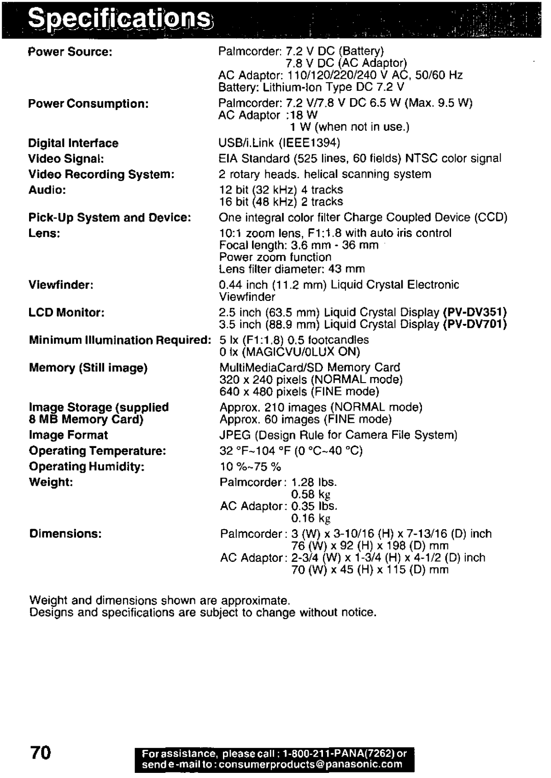 Panasonic PV-DV701, PV-DV351 manual 