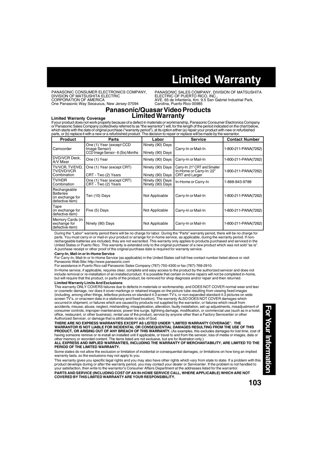 Panasonic PV-DV702 operating instructions Limited Warranty 