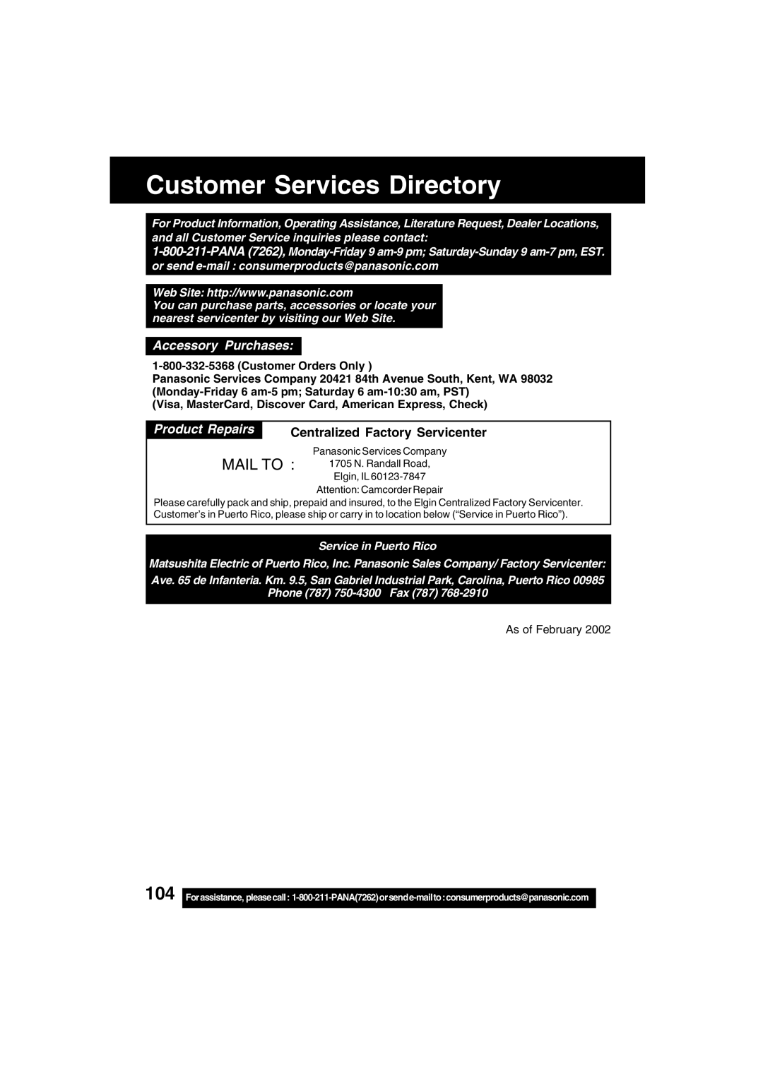 Panasonic PV-DV702 operating instructions Customer Services Directory, Accessory Purchases 