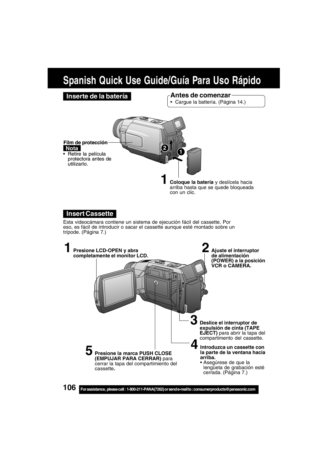 Panasonic PV-DV702 operating instructions Inserte de la batería, Antes de comenzar, Film de protección 