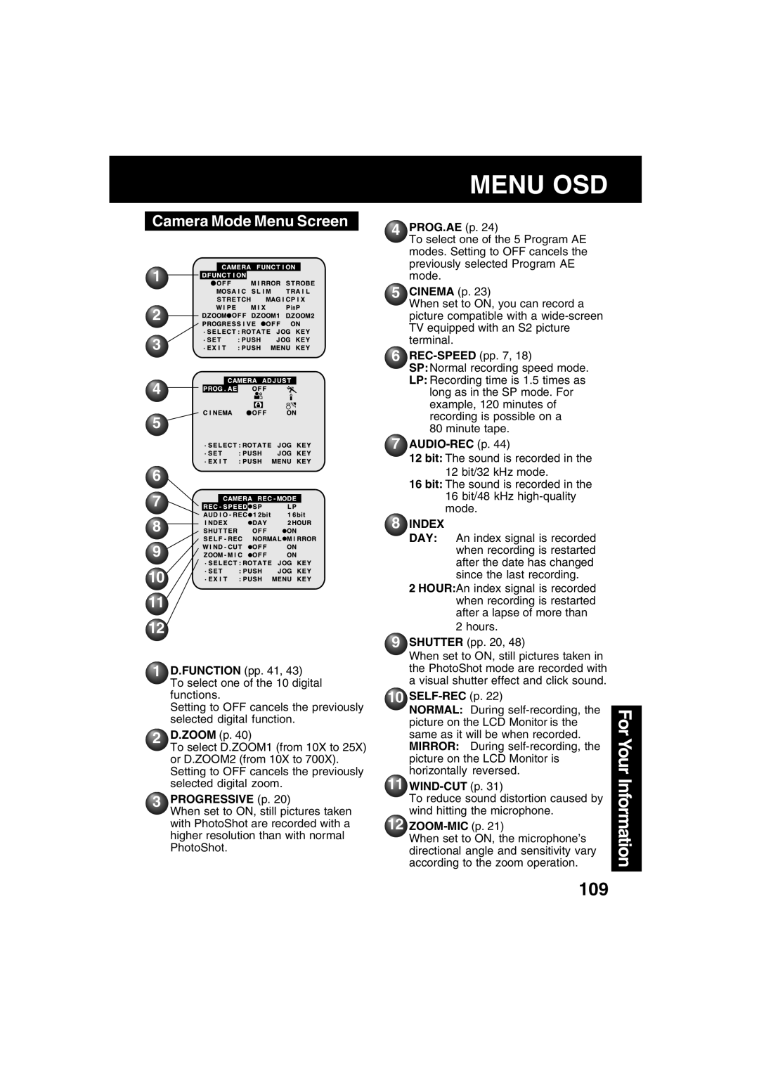 Panasonic PV-DV702 operating instructions Camera Mode Menu Screen 10 11, Index 