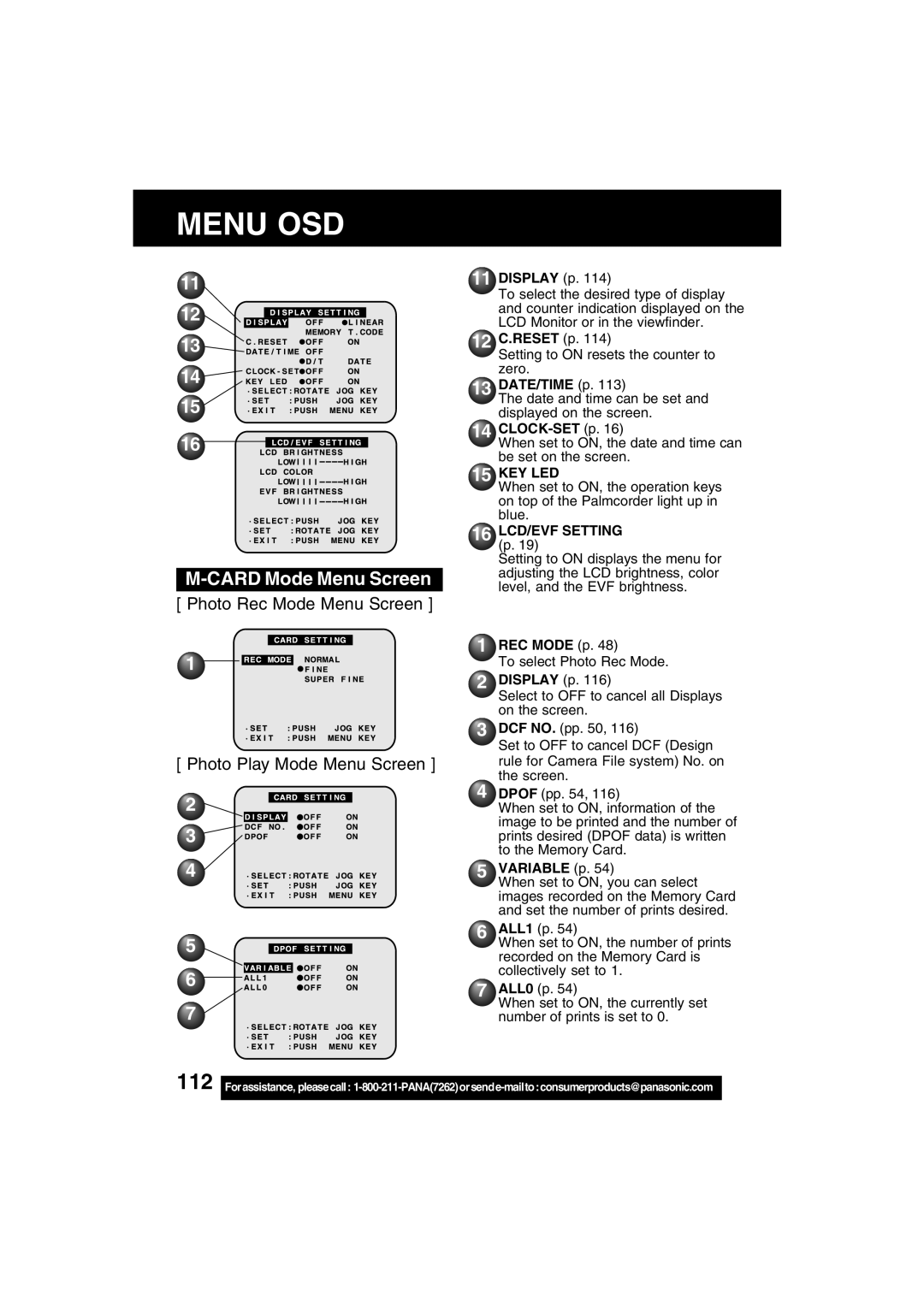 Panasonic PV-DV702 operating instructions Card Mode Menu Screen, 12 C.RESET p, 16 LCD/EVF Setting p, REC Mode p, Variable p 