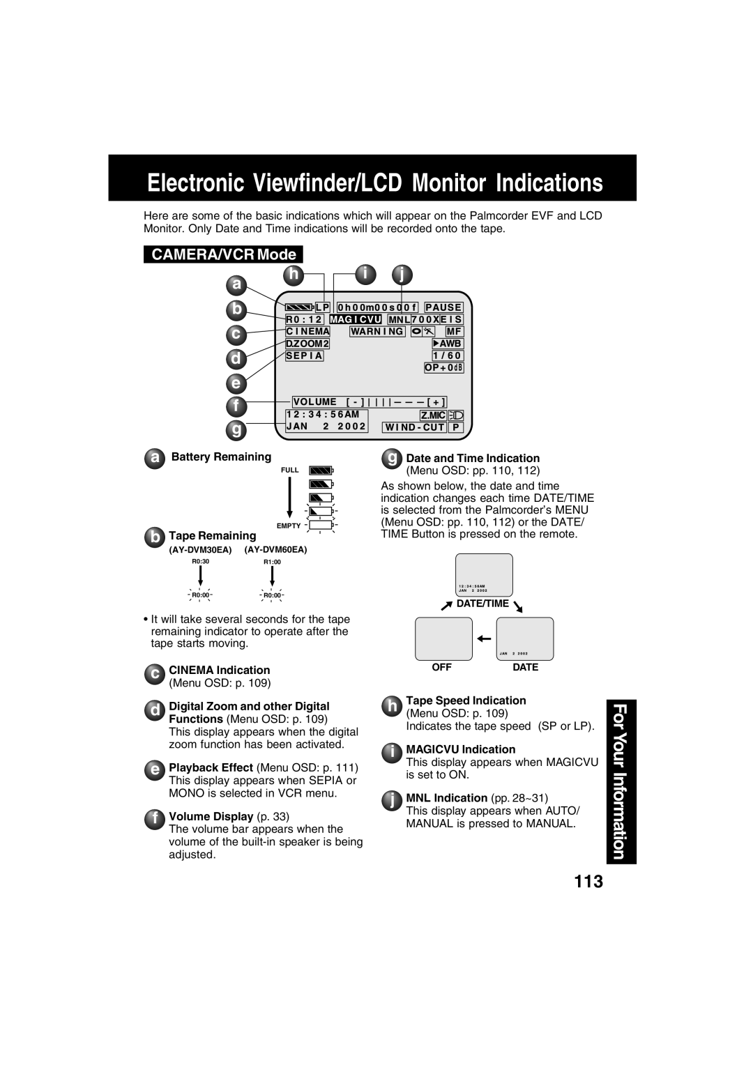 Panasonic PV-DV702 operating instructions CAMERA/VCR Mode 