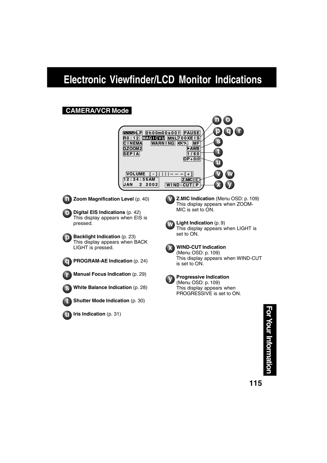 Panasonic PV-DV702 operating instructions Light Indication p, WIND-CUT Indication, Progressive Indication 