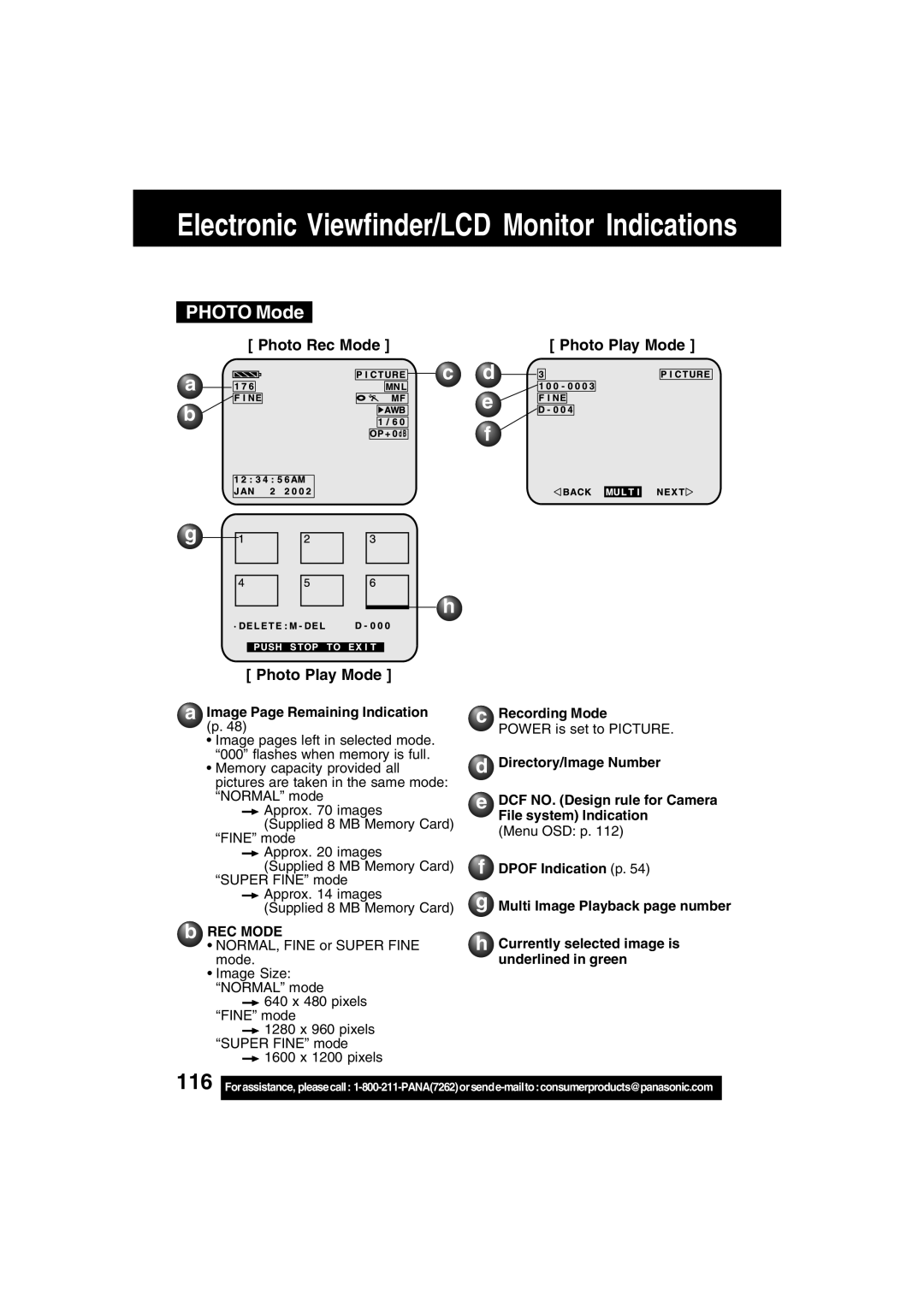 Panasonic PV-DV702 operating instructions Photo Mode, Photo Play Mode, Image Page Remaining Indication, Recording Mode 