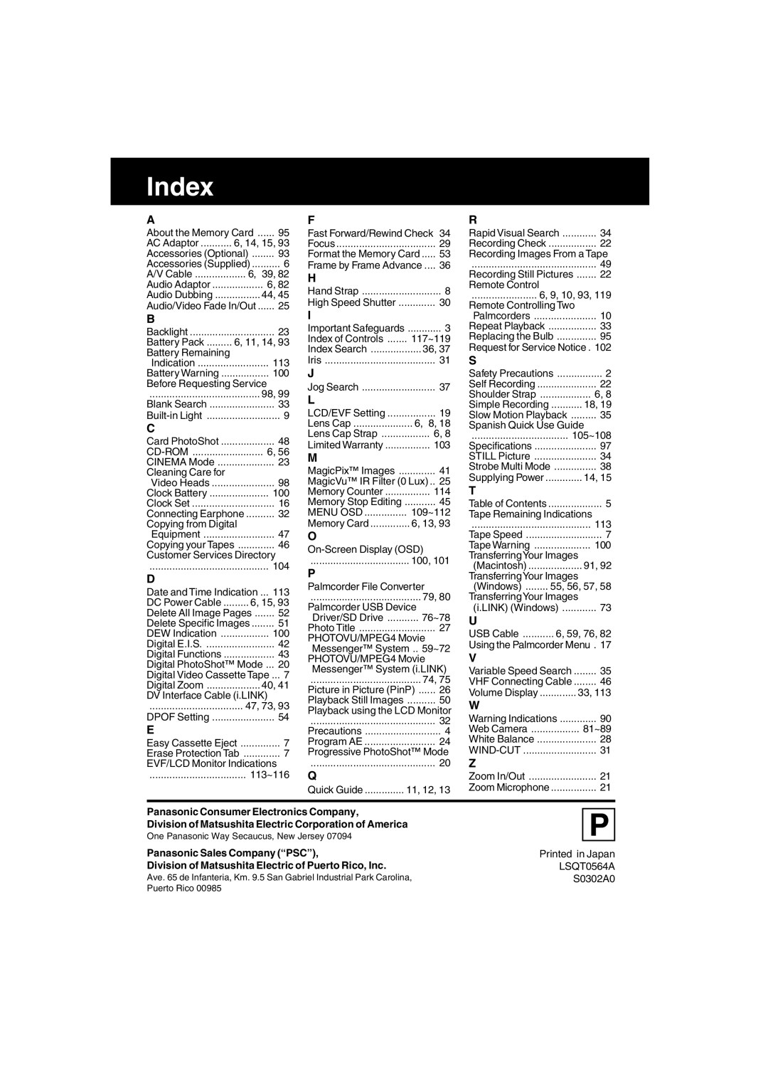 Panasonic PV-DV702 operating instructions Index, Recording Images From a Tape 