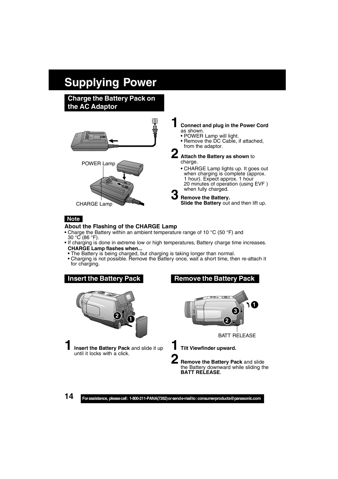 Panasonic PV-DV702 Supplying Power, Charge the Battery Pack on the AC Adaptor, About the Flashing of the Charge Lamp 