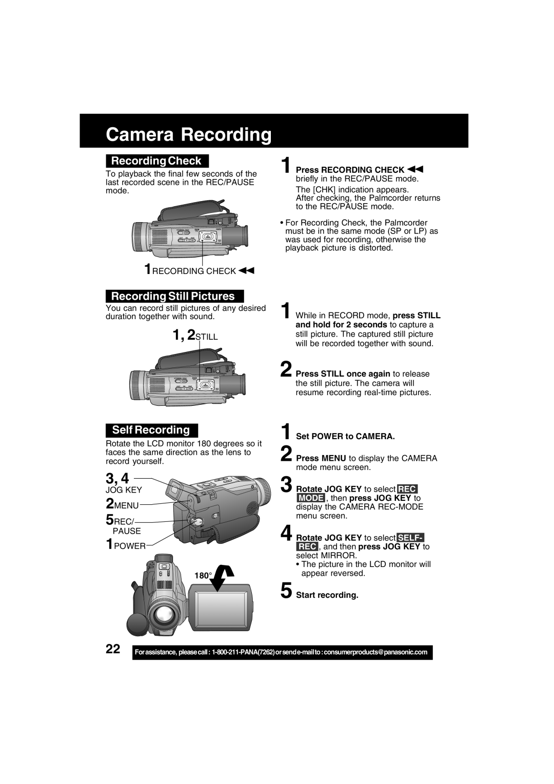 Panasonic PV-DV702 Recording Still Pictures, Self Recording, Press Recording Check, Press Still once again to release 