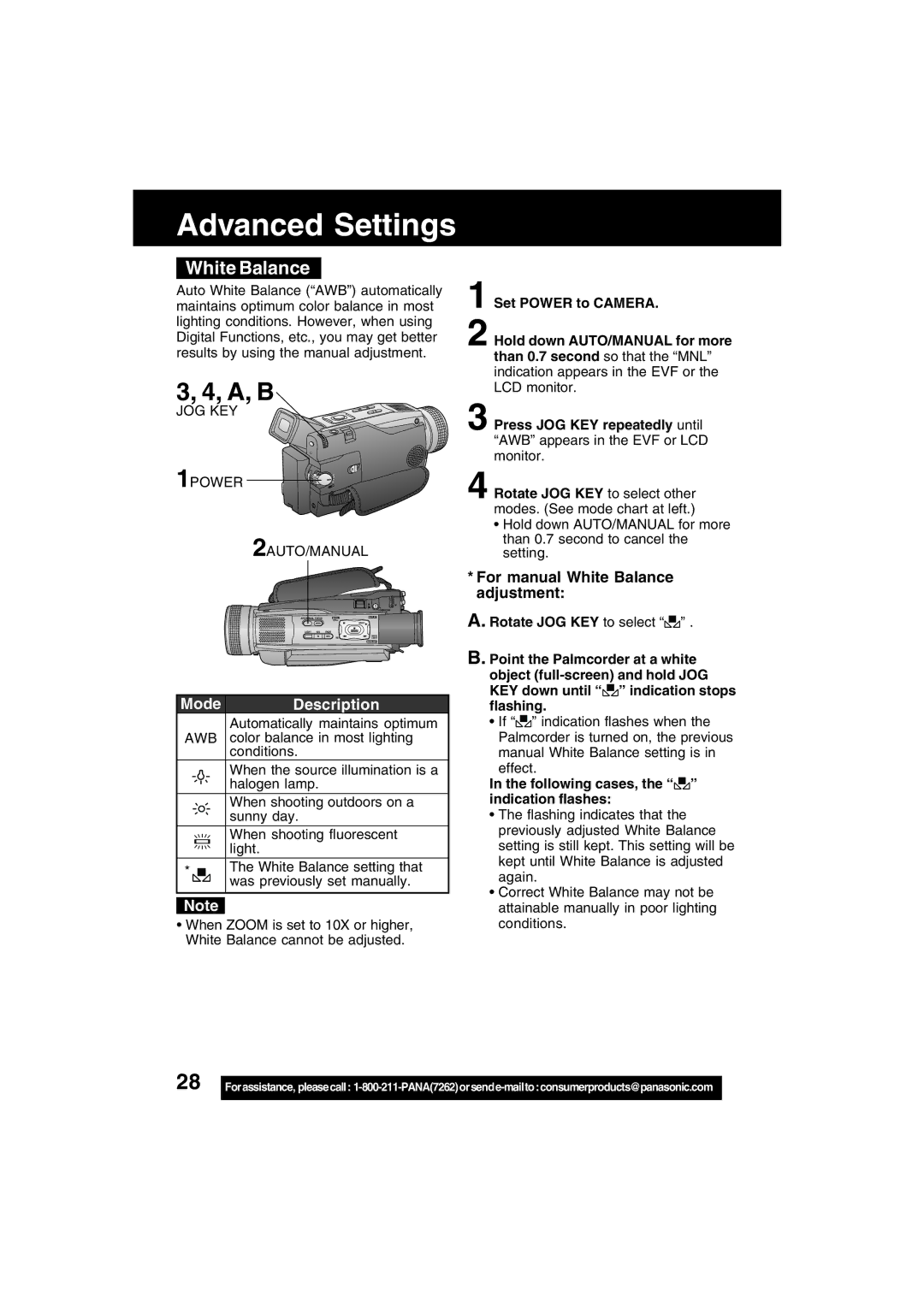 Panasonic PV-DV702 Advanced Settings, For manual White Balance adjustment, Following cases, the indication flashes 