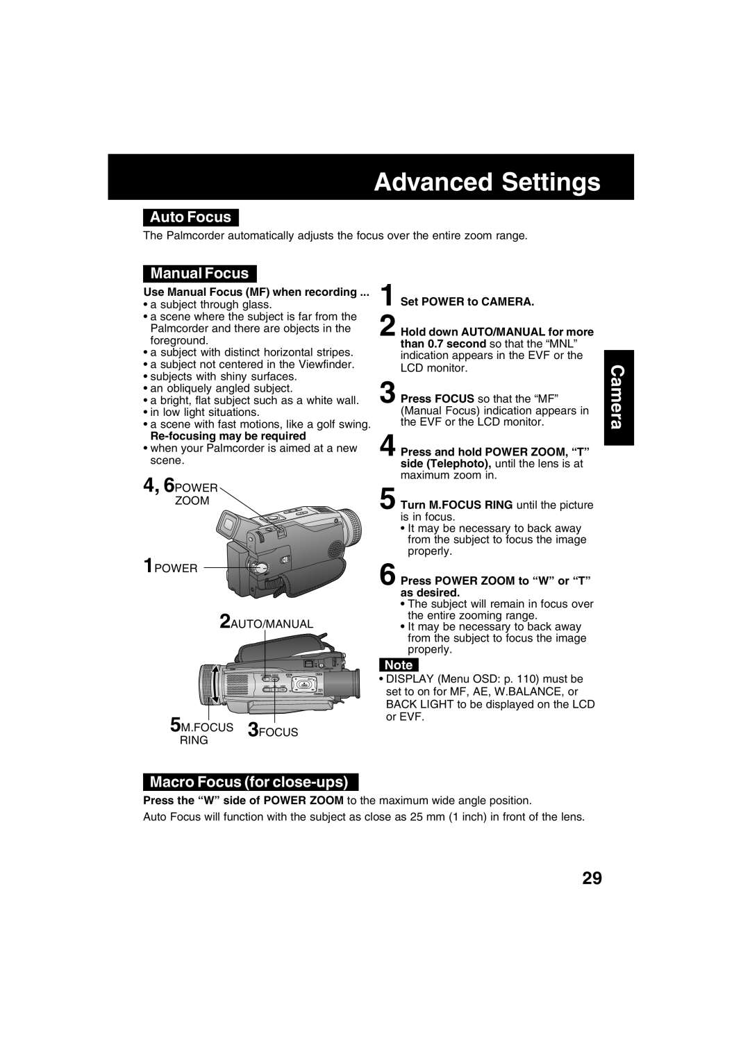 Panasonic PV-DV702 operating instructions Auto Focus, Manual Focus, Macro Focus for close-ups 