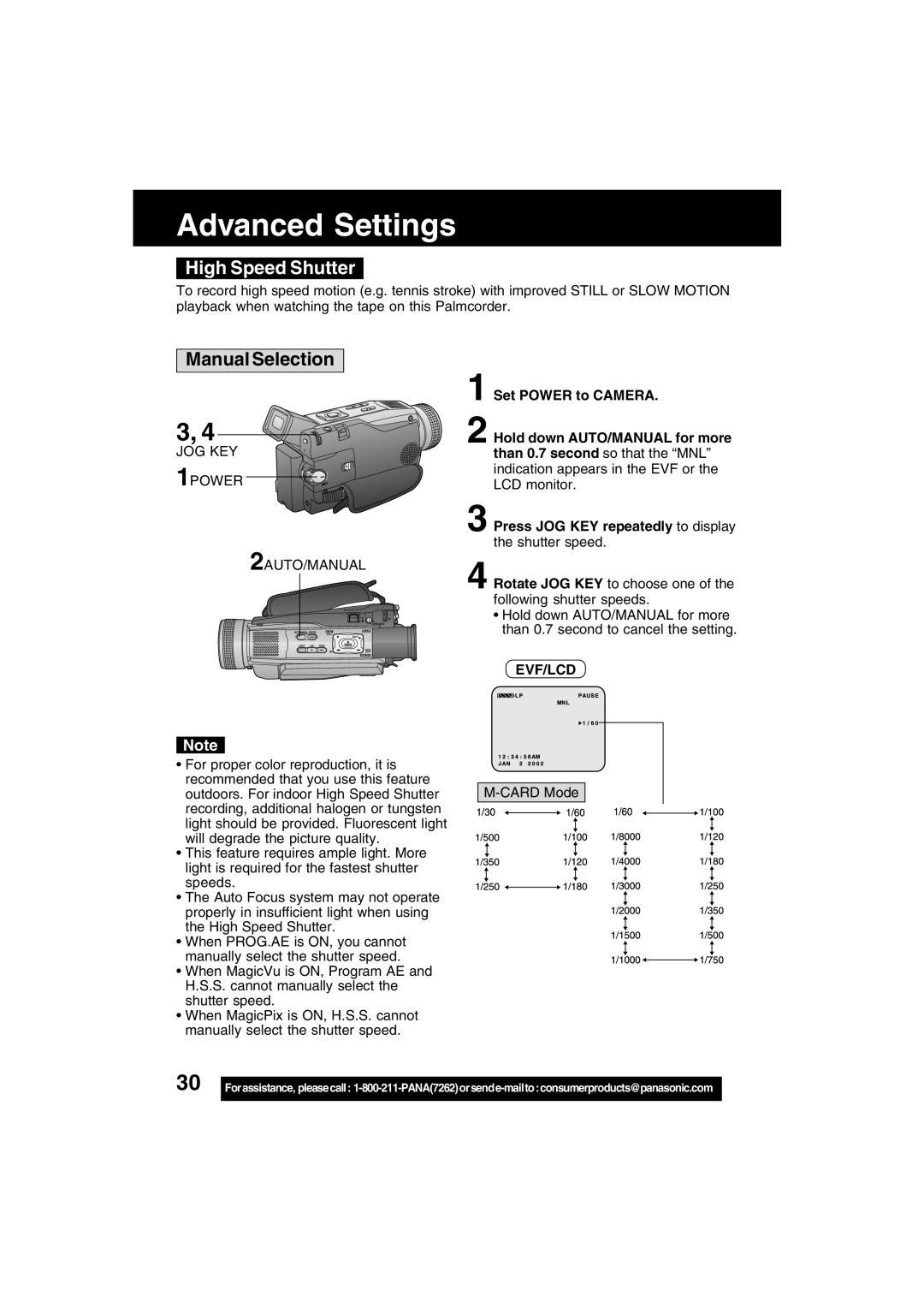 Panasonic PV-DV702 operating instructions High Speed Shutter, Manual Selection, Press JOG KEY repeatedly to display 