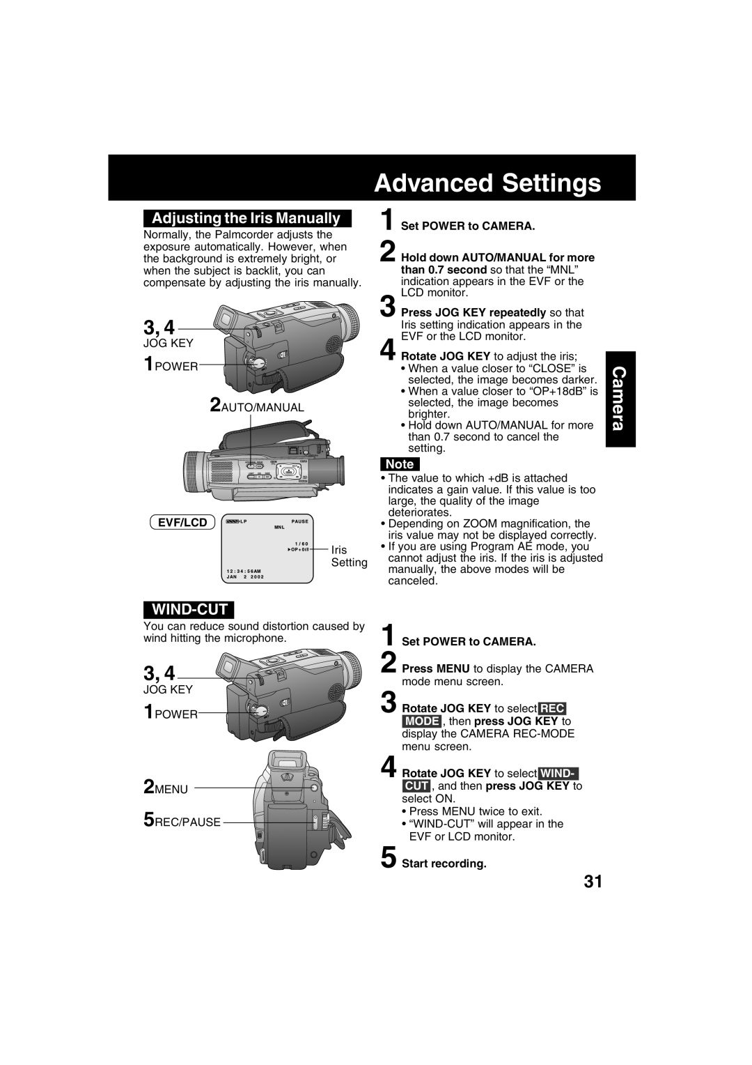 Panasonic PV-DV702 operating instructions Adjusting the Iris Manually, Wind-Cut 