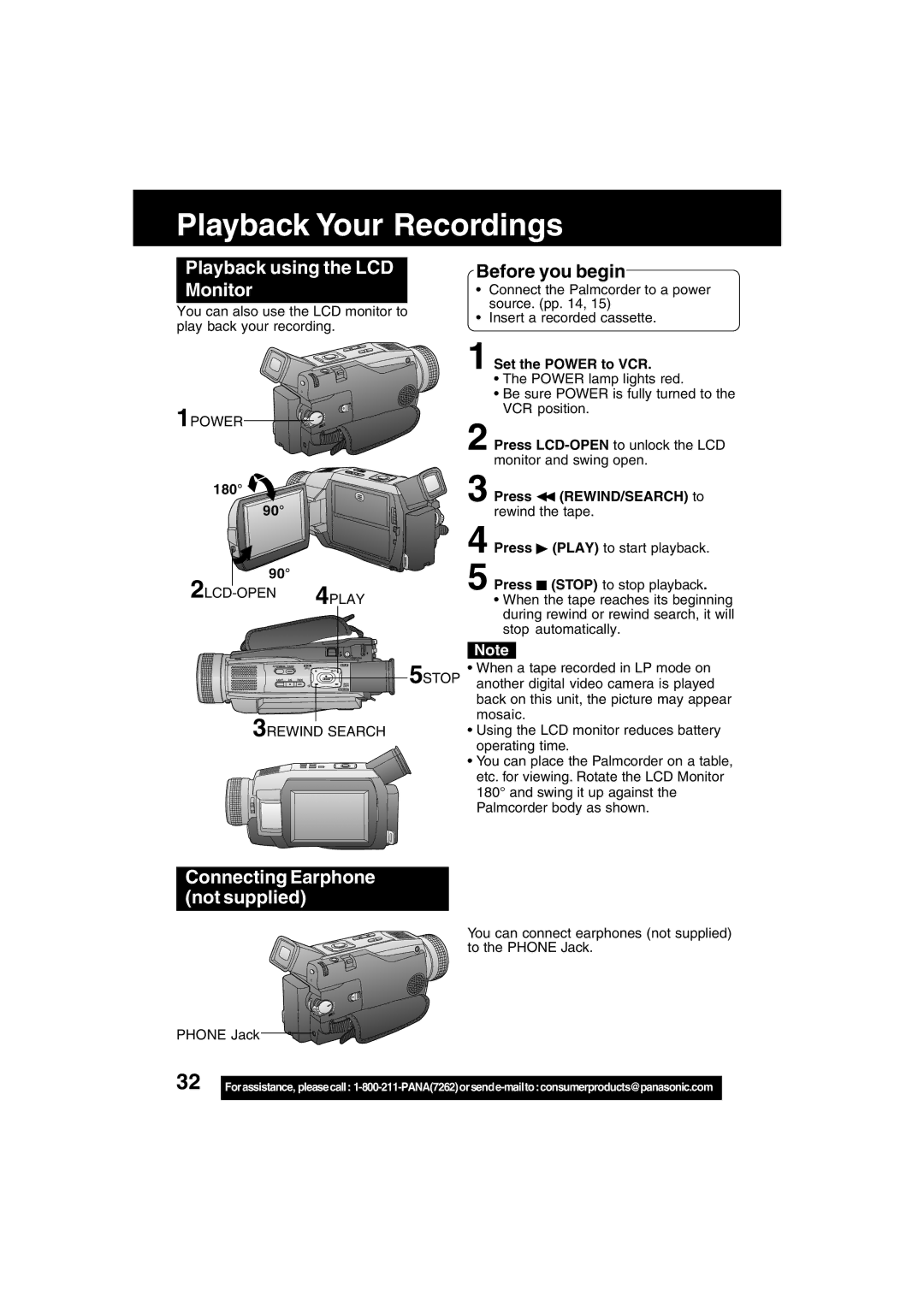 Panasonic PV-DV702 Playback Your Recordings, Playback using the LCD Monitor, Connecting Earphone not supplied 