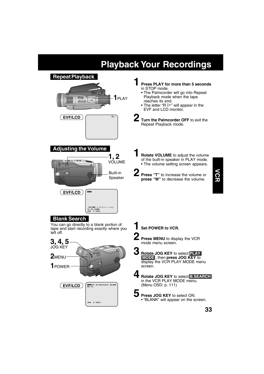 Panasonic PV-DV702 operating instructions Repeat Playback, Adjusting the Volume, Blank Search, Evf/Lcdr 