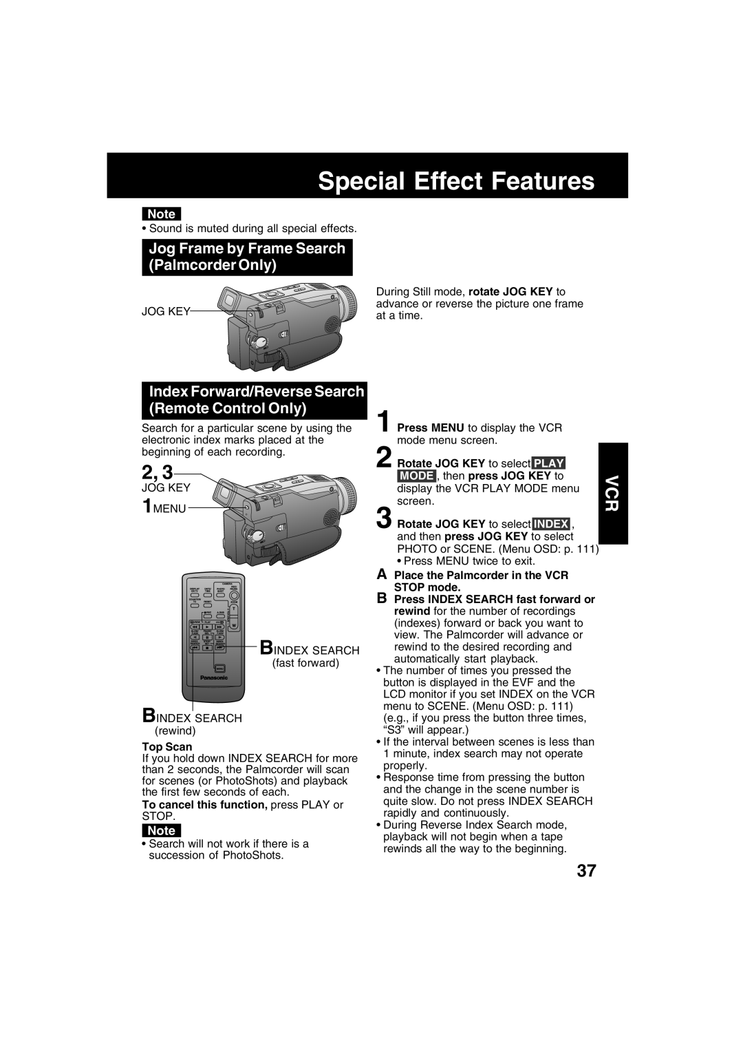 Panasonic PV-DV702 Jog Frame by Frame Search Palmcorder Only, Index Forward/Reverse Search Remote Control Only, Top Scan 