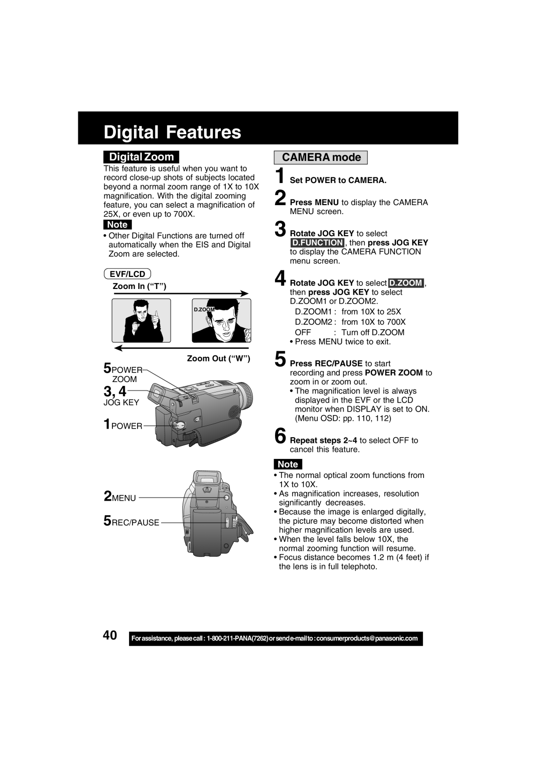 Panasonic PV-DV702 operating instructions Digital Features, Digital Zoom, Camera mode 