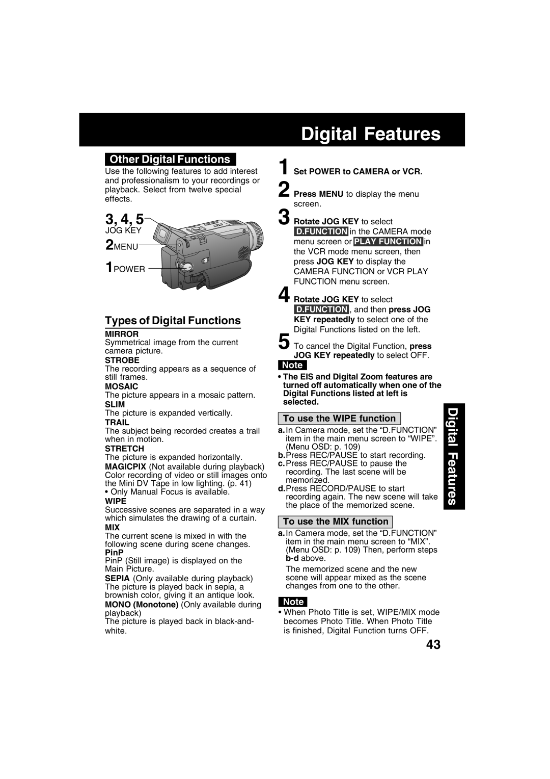 Panasonic PV-DV702 Other Digital Functions, Types of Digital Functions, To use the Wipe function, To use the MIX function 