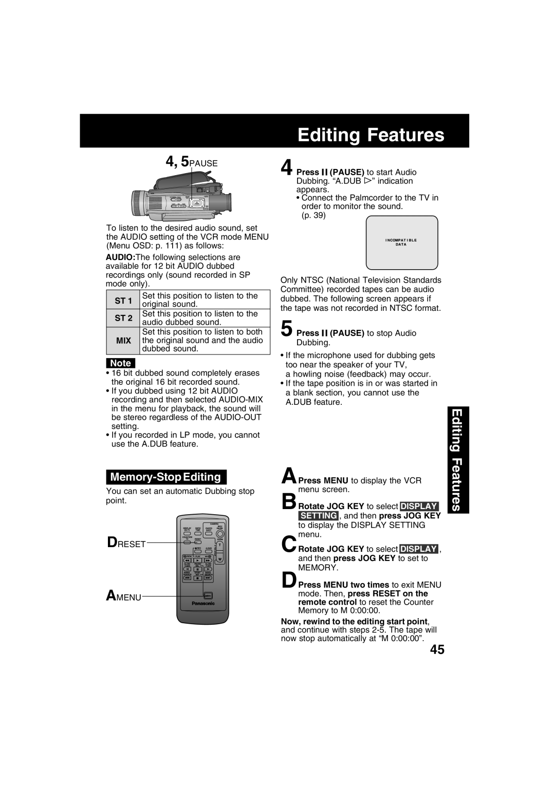 Panasonic PV-DV702 operating instructions Memory-Stop Editing, Jog Key 